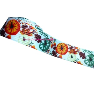 Grosgrain 1&quot; Autumn Fall pumpkin Thanksgiving sage green orange white Polyester Ribbon 5 yards (V85)