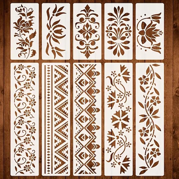 Set van 10 stuks gemengde etnische volkskunstlijnen en -randen stencils voor taarten, doe-het-zelfprojecten en knutselwerkjes.