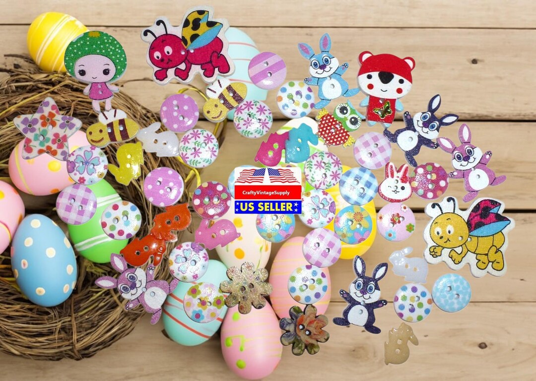 Easter Spring Designs Rabbits Wood Buttons Decorations Diy Kid's Crafts ...
