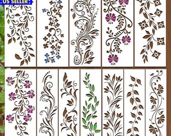 12pcs Fuchsia & Torchwood square flowers vines leaves stems stencils