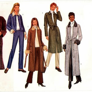 May include: Five different coat sewing patterns with a variety of styles, including a long, brown coat, a blue denim jacket, a brown coat with fur trim, a green coat with a belt, and a gray coat with a tie belt. The pattern is for Butterick pattern number 3274.
