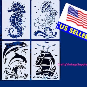 Seepferdchen Oktopus Delfine spanische Galeone Schiff Schablone für Fliesen basteln 18cm