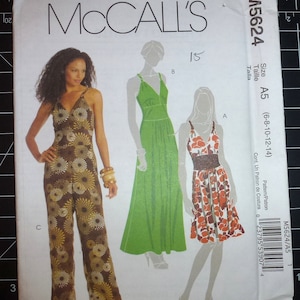 McCall&#39;s sewing pattern m5624 FREE SHIP! Size A5 6-14 jumpsuit halter sundress plunge neck