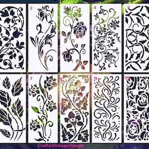 Może przedstawiać: Dziesięć czarno-białych wzorów szablonów z motywami kwiatowymi. Szablony są ponumerowane od 1 do 10. CraftyVintageSupply jest wydrukowane na dole obrazu.
