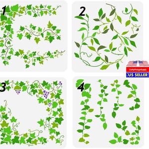 May include: Four different green leaf and vine stencils are displayed on a white background. The stencils include corner designs, circular arrangements, and trailing vines. One stencil features purple grapes. The stencils are for crafting and DIY projects.