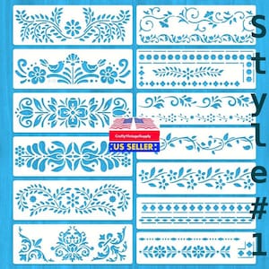 Set of 13pcs 12" x 4" folk art dutch geometric stencil for cakes diy & crafts