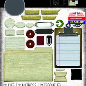 May include: A selection of paper craft die cuts in diverse shapes, such as circles, rectangles, and a file folder. A clipboard with lined paper and a paper clip are also present. The text "24 DIES | 24 MATRICES | 24 TROQUELES" is at the bottom.