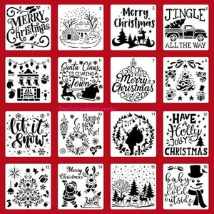 Bonhomme de neige de Noël, guirlande de Noël, mots, carte de correspondance, pochoir d'emballage cadeau pour carrelage et travaux manuels 6 x 6 po