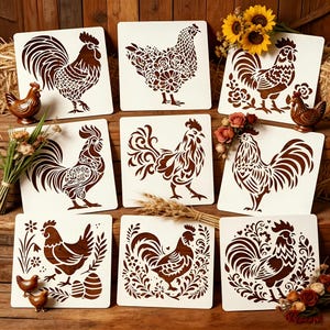 9pcs Rooster Chicken Stencils For Crafts Baking Decorating 4" x 4"