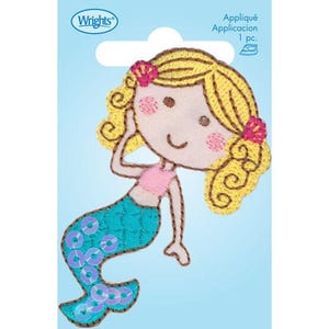 May include: Iron-on applique of a mermaid with blonde hair, a pink top, and a turquoise tail with iridescent sequins. The applique is on a light blue background with the text "Appliqué Application 1 pc."