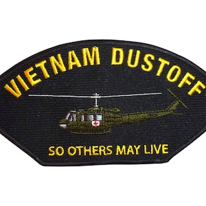 Parche termoadhesivo para ropa "Vietnam Dustoff So Others May Live" (Salvados de Vietnam para que otros puedan vivir), forma ovalada negra de 6 pulgadas.