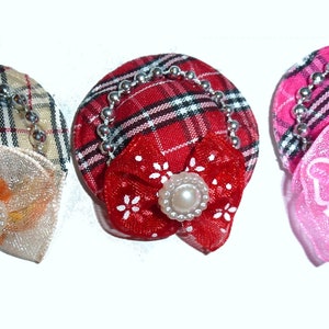 Tiny hat appliques 1.5&quot; brown pink red plaid with flowers beads pearls (R79C)