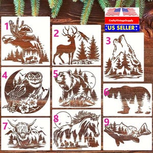 Moose deer owl bear wolf fish wildlife forest stencil for tile and crafts