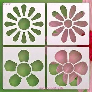 Set di 4 stencil con fiori di margherita in stile boho hippie anni '70 per piastrelle e artigianato, 12,7 x 12,7 cm.