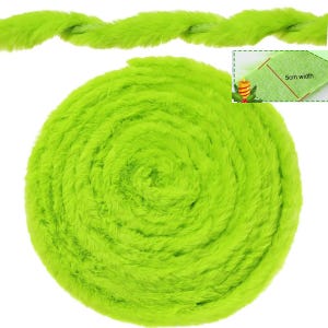 May include: A roll of bright green, fluffy decorative trim, with a 2-inch width, is displayed. The trim is coiled and also shown in a straight line. A small inset shows a 2-inch wide section of the trim. The trim has a soft, furry texture.