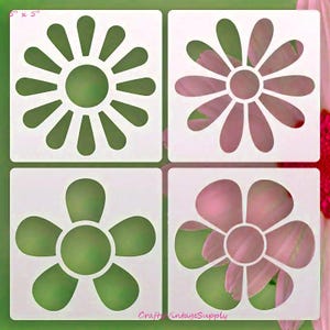 Set di 4 stencil con margherite in stile boho hippie anni '70 per piastrelle e lavori creativi, 5" x 5".