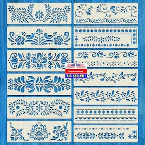 Set of 13pcs 12" x 4" folk art dutch geometric stencil for cakes diy & crafts