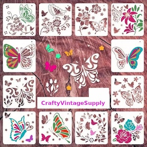 Carte de correspondance pour scrapbooking, fleurs, papillon, pochoir pour carrelage et travaux manuels 5 x 5 po (Z41)