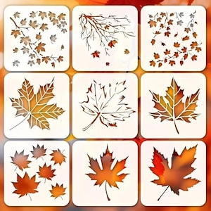 9 plantillas de hojas de arce de 15 x 15 cm (6" x 6") con diseño de hojas otoñales cayendo.