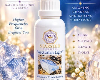 May include: A white dropper bottle labeled Starseed Essences Arcturian Light Monatomic Crystal Remedy 1 fl oz (30ml). The label features a blue crystal graphic, a purple geometric logo, and text including Align, Activate, Elevate, Evolve.