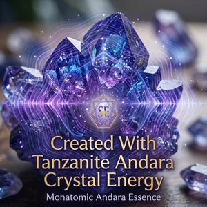 May include: A cluster of deep purple and blue Tanzanite Andara crystals with a central geometric logo. The text reads: Created With Tanzanite Andara Crystal Energy, Monatomic Andara Essence. The crystal surface features light wave patterns.