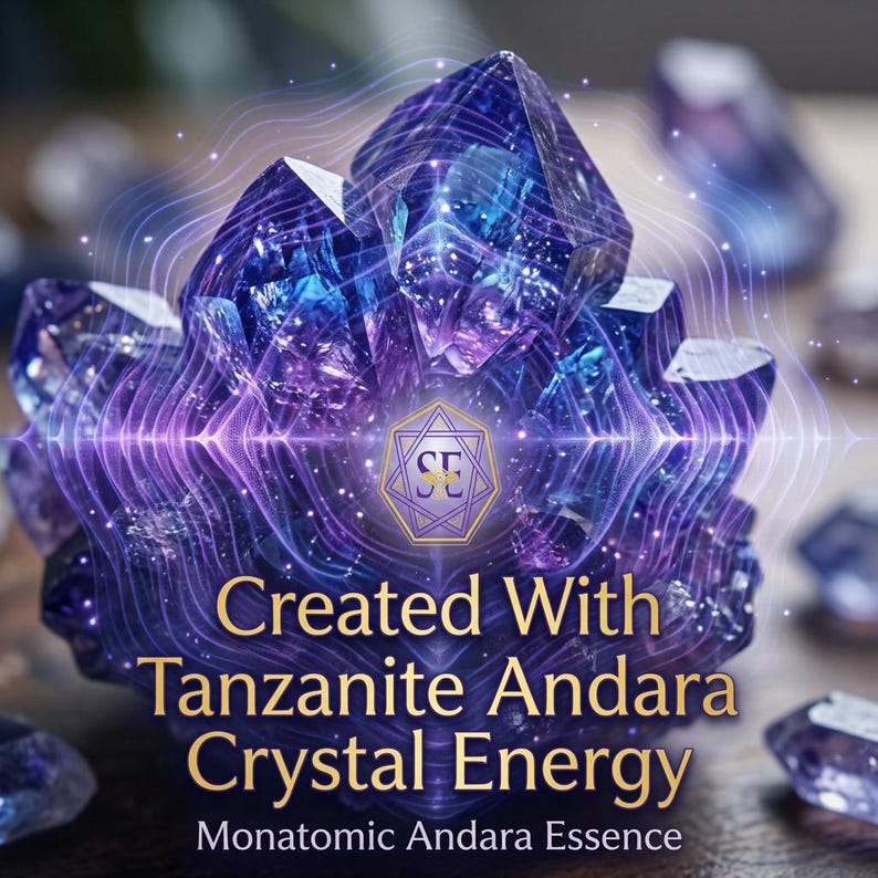 May include: A cluster of deep purple and blue Tanzanite Andara crystals with a central geometric logo. The text reads: Created With Tanzanite Andara Crystal Energy, Monatomic Andara Essence. The crystal surface features light wave patterns.