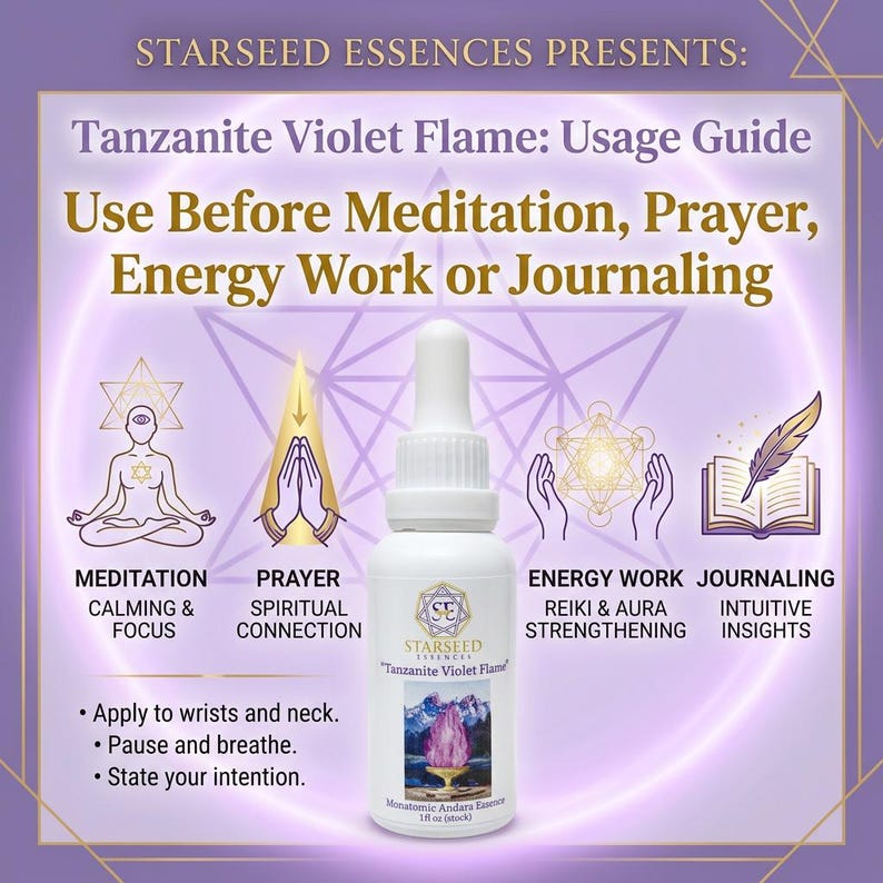 May include: A white dropper bottle labeled Starseed Essences Tanzanite Violet Flame 1 fl oz. The background text reads: Starseed Essences Presents: Tanzanite Violet Flame: Usage Guide. Use Before Meditation, Prayer, Energy Work or Journaling.