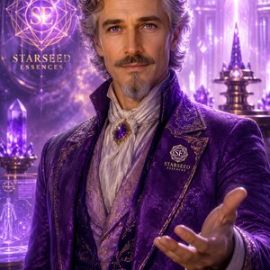 May include: A person with silver hair and a goatee wearing a deep purple velvet blazer with gold embroidery, a light purple vest, and a white cravat with a purple gemstone brooch. The text STARSEED ESSENCES and the SE logo appear on the blazer.