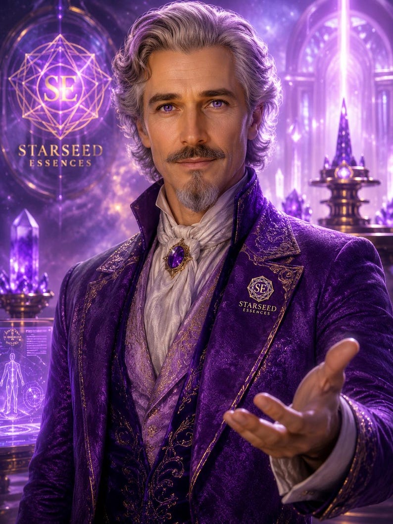 May include: A person with silver hair and a goatee wearing a deep purple velvet blazer with gold embroidery, a light purple vest, and a white cravat with a purple gemstone brooch. The text STARSEED ESSENCES and the SE logo appear on the blazer.