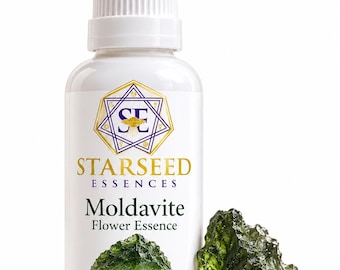 May include: A white dropper bottle labeled Starseed Essences Moldavite Flower Essence with a 30 ml (1 fl. oz.) capacity. The label features a gold geometric logo, text, and a green crystal image next to a raw green Moldavite stone.