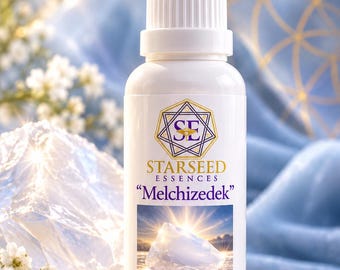 May include: A white dropper bottle labeled Starseed Essences Melchizedek Monatomic Andara Essence. The label features a geometric logo, the text Melchizedek, and an image of a glowing crystal. The bottle contains 1 fl. oz (30ml) of liquid.