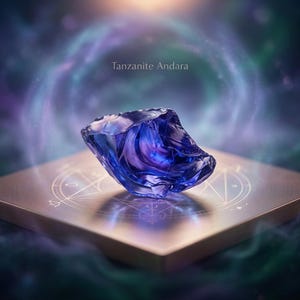 May include: A deep blue Tanzanite Andara crystal with a translucent, jagged surface resting on a square metallic base featuring an etched geometric circular design. The crystal displays vibrant violet and indigo hues under soft lighting.