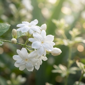 May include: A cluster of white jasmine flowers with delicate petals and small, unopened buds on a green stem. The petals are covered in tiny, clear water droplets, reflecting light and highlighting the texture of the blossoms against a soft background.