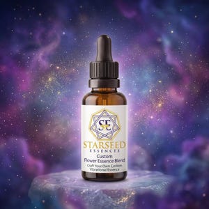 May include: An amber glass dropper bottle with a black cap and a white label. The label features a gold geometric logo with the letters SE, the text STARSEED ESSENCES, Custom Flower Essence Blend, and Craft Your Own Custom Vibrational Essence.
