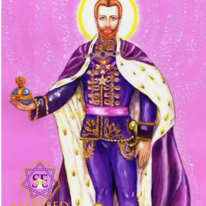 May include: A digital illustration of a figure with reddish-brown hair and a beard, wearing a purple military-style jacket with gold embroidery, a pink sash, and a white cape with gold accents. The figure holds a blue and gold orb against a pink background.