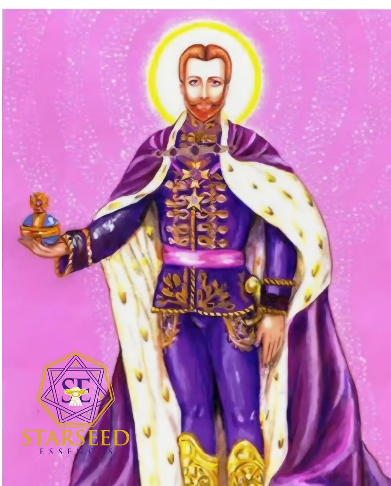 May include: A digital illustration of a figure with reddish-brown hair and a beard, wearing a purple military-style jacket with gold embroidery, a pink sash, and a white cape with gold accents. The figure holds a blue and gold orb against a pink background.