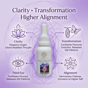 May include: A white dropper bottle labeled Starseed Essences Tanzanite Violet Flame 1 fl oz. The label features a mountain landscape and a purple crystal. Surrounding text includes Clarity, Transformation, Higher Alignment, and descriptions of effects.
