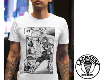 LACROSSE MANGA ILLUSTRATIE T-Shirt - Unisex Mannen Vrouwen Lakse Goalie Sketch Zeldzame Strips Drawing Sport Team Major League D1 Pll Mll