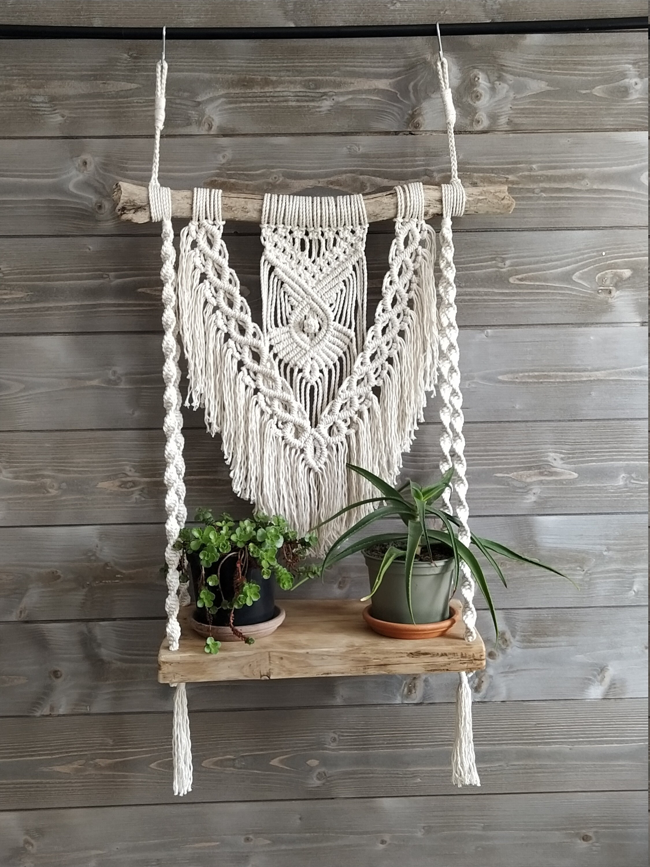Etagère Tenture Murale en Macramé et Bois Recyclé Flotté