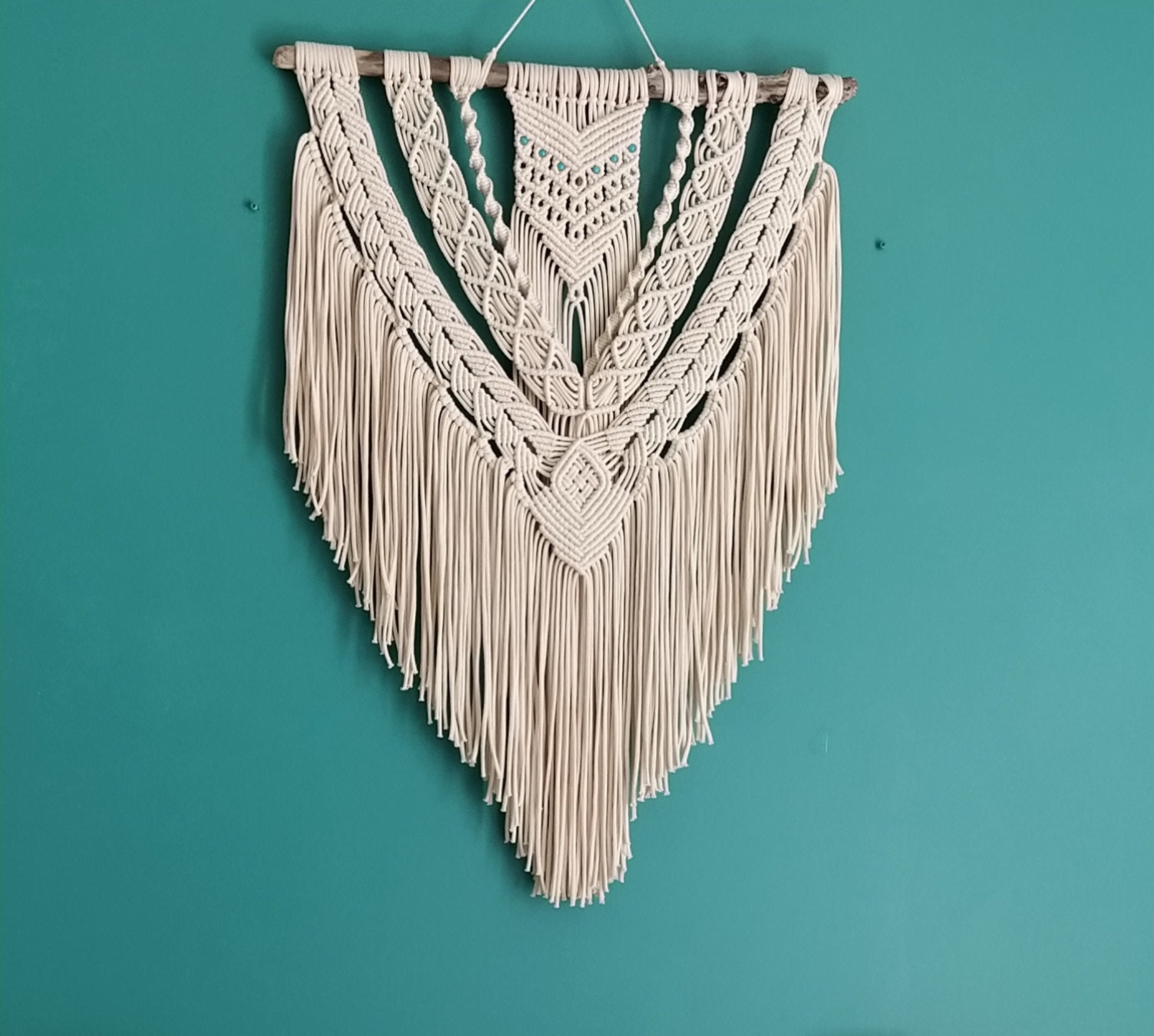 Tenture Murale en Macramé, Décoration Murale, Pièce Unique, Bois Flotté Véritable