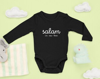Salam World | Salaam I'm New Here | Long Sleeve Bodysuit|Pakistani Baby |Newborn Muslim | Islamic Eid Gift | Welcome Home Baby | Arabic Baby