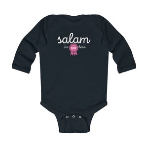 Salam World | Salaam I&#39;m New Here | Long Sleeve Bodysuit|Pakistani Baby |Newborn Muslim | Islamic Eid Gift | Welcome Home Baby | Arabic Gift