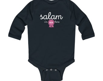 Salam World | Salaam I'm New Here | Long Sleeve Bodysuit|Pakistani Baby |Newborn Muslim | Islamic Eid Gift | Welcome Home Baby | Arabic Gift