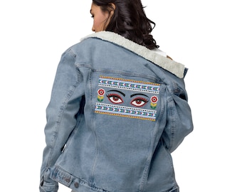 Pakistani Truck Art Embroidered Vintage Denim Sherpa Jacket | Evil Eye Jacket | Dulhan Jean Jacket | Light Wash