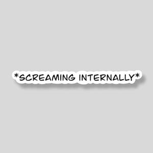 Op de afbeelding: Een witte sticker met de tekst "*SCREAMING INTERNALLY*" in het zwart, omlijnd met zwart. De sticker heeft een witte rand en staat tegen een grijze achtergrond. De tekst is in een vet, schreefloos lettertype.