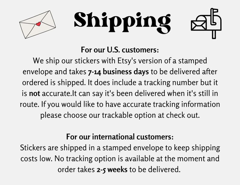Op de afbeelding: Afbeelding met het woord "Shipping" in vette, zwarte letters. De tekst hieronder beschrijft verzendinformatie voor Amerikaanse en internationale klanten, inclusief levertijden en trackingopties. Bevat illustraties van een envelop met een hart en een brievenbus.
