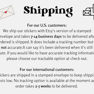 May include: Image with the word "Shipping" in bold black letters. Text below details shipping information for U.S. and international customers, including delivery times and tracking options. Includes illustrations of an envelope and a mailbox.