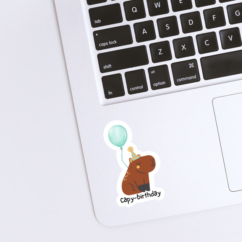 May include: A sticker featuring a brown capybara wearing a party hat and holding a blue balloon. The sticker says "capy-birthday" below the capybara.