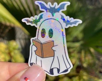 Reading ghost sticker, cute ghost sticker, ghost sticker, kindle stickers, bookish stickers, booktok stickers, booktok merch, glitter finish
