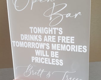 Open Bar Sign, Frosted Acrylic, Wedding, Party Sign, Personalised